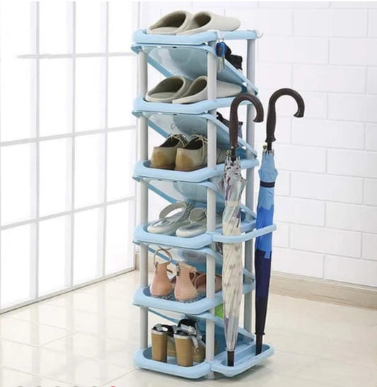 11 Layer Shoe Rack Stand (6+5 Layers) with 2 Hooks and Attached Umbrela Stand
