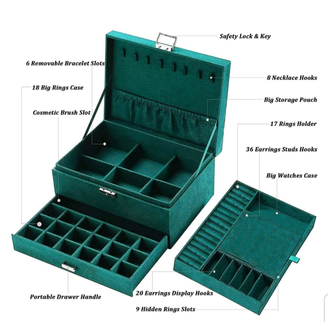 Advanced Velvet Jewellery Box with 3 Layer Lockable Drawer