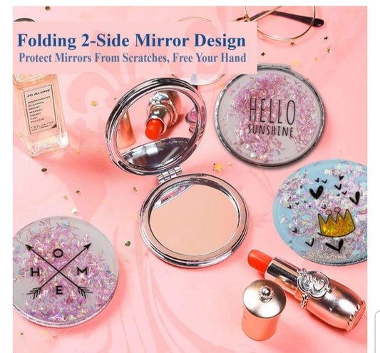 1X/2X Magnifying Makeup Round Glitter Pocket Hand Mirror - Small & Compact -