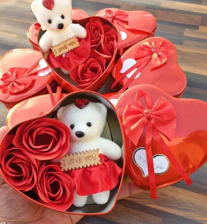 Beautiful Metal Heart Shaped Gift Bohxes for Loved Ones with 1 Teddy and 3 Paper Soap Roses