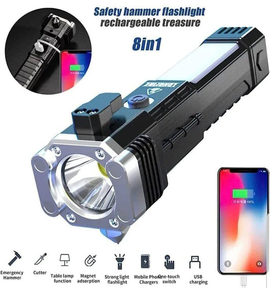 Portable Rechargeable Torch LED Flashlight - Long Distance Beam Range with Power Bank, Hammer and Strong Magnets - Window Glass and Seat Belt Cutter