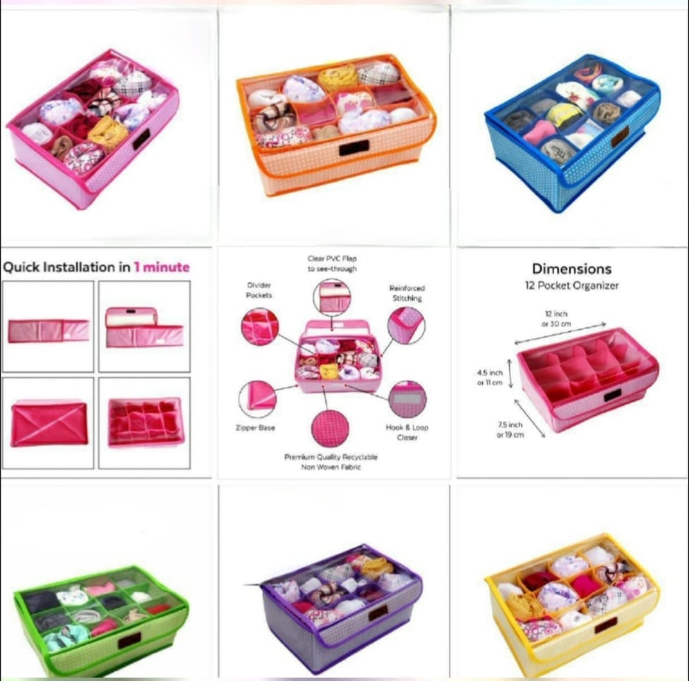 12 Grid Multi Compartment Cell Foldable Storage BOX  - for Socks, Bra, Panty, Tie , Scarf etc