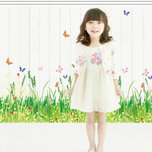 Self Adhesive 3D Butterfly Grass Sticker with Flowers and Beautiful Leaves - for Kitchen, Living Room, Home Decor etc