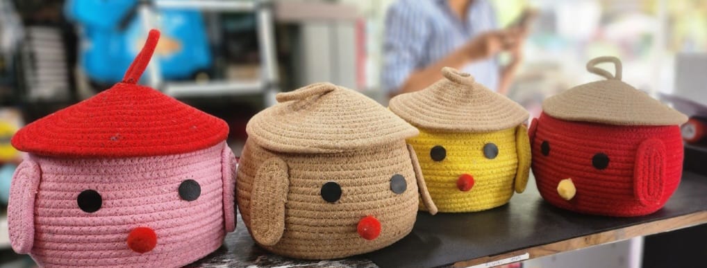 Round Woven Handcrafted Jute Cartoon Basket Organizer* for Kids, Toys, Laundry, baby clothes, hamper, Wardrobe, Plants etc - Best for Kids