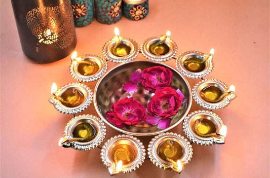 12 Inches with 10 Diyas - Glorious Diya Shape Flower Decorative Urli Bowl for Home Handcrafted Floating Flowers and Tea Light Candles
