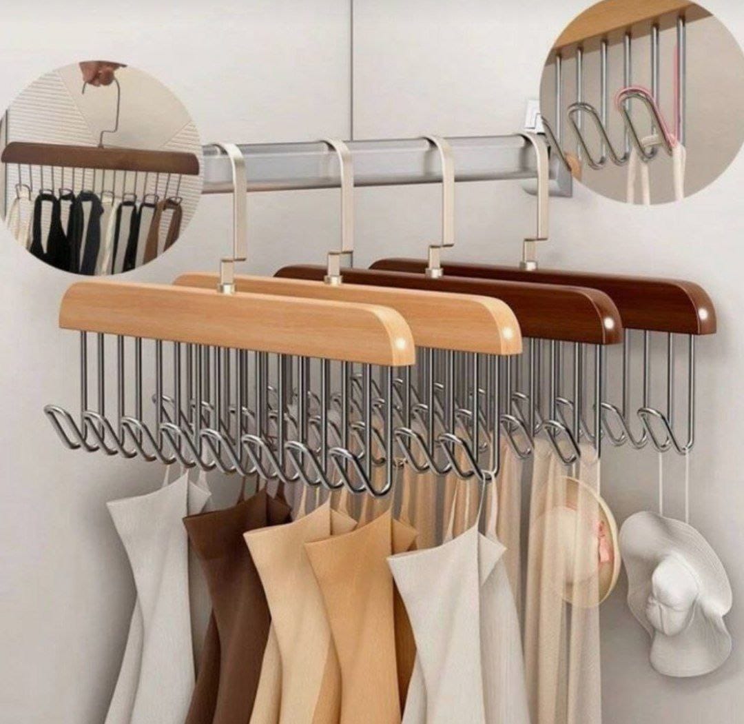 Multi-Hook Wooden Hanger for Clothes, Lingerie, Belts, Scarfs Tops, Bras and Ties - Space Saving Storage Hanger for Wardrobe and Cupboard (8 Hook)