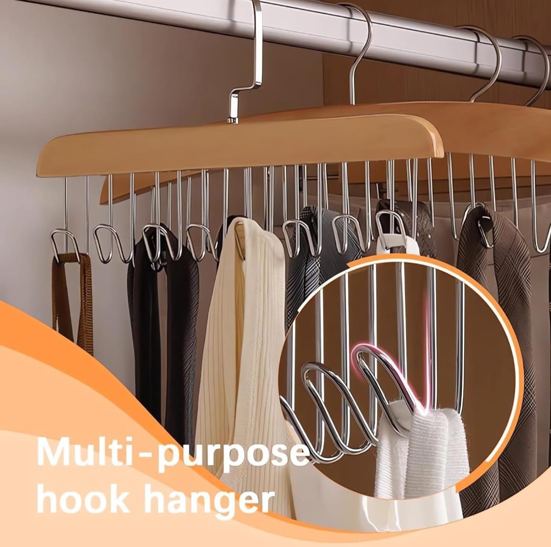 Multi-Hook Wooden Hanger for Clothes, Lingerie, Belts, Scarfs Tops, Bras and Ties - Space Saving Storage Hanger for Wardrobe and Cupboard (8 Hook)